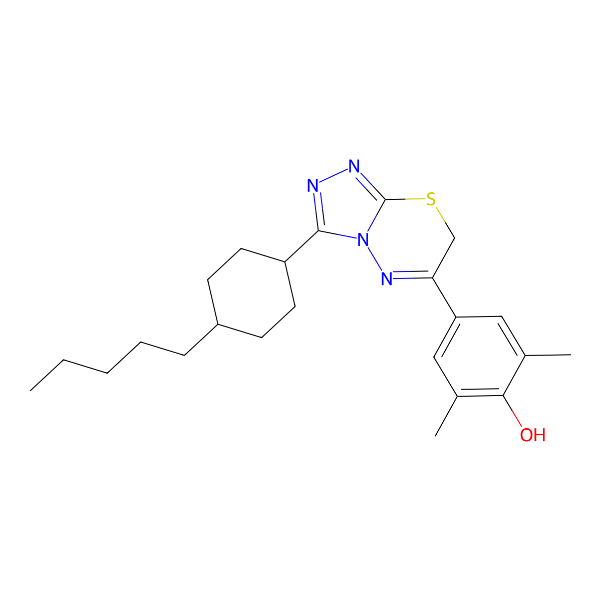 2,6-dimethyl-4-[3-(4-pentylcyclohexyl)-7H-[1,2,4]triazolo[3,4-b][1,3,4]thiadiazin-6-yl]benzenol molecular structure, CAS 860611-17-2