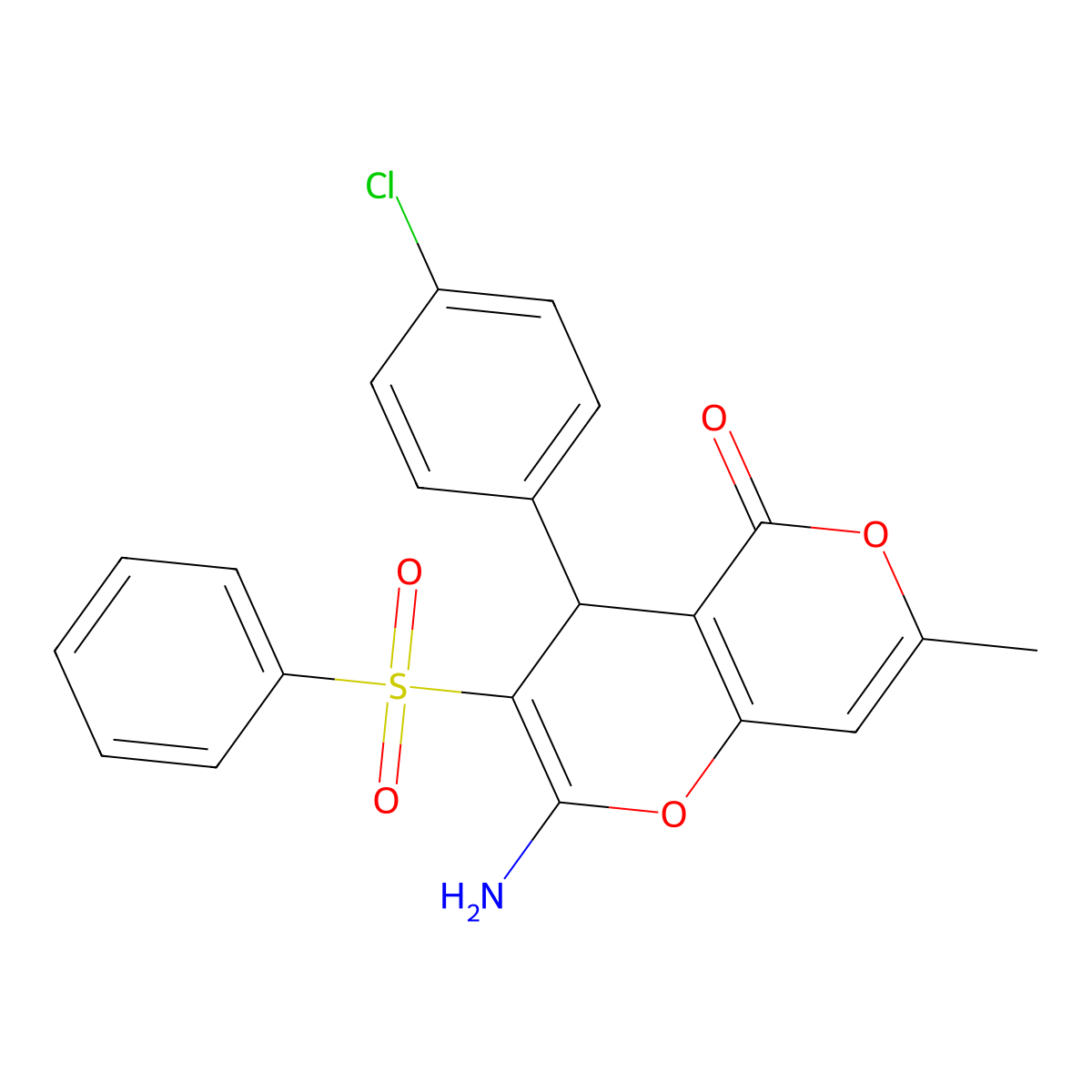 2-amino-4-(4-chlorophenyl)-7-methyl-3-(phenylsulfonyl)-4H,5H-pyrano[4,3-b]pyran-5-one molecular structure, CAS 860611-38-7