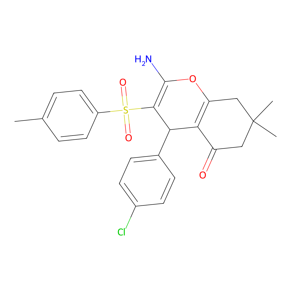 2-amino-4-(4-chlorophenyl)-7,7-dimethyl-3-(4-methylphenyl)sulfonyl-6,8-dihydro-4H-chromen-5-one molecular structure, CAS 860611-39-8