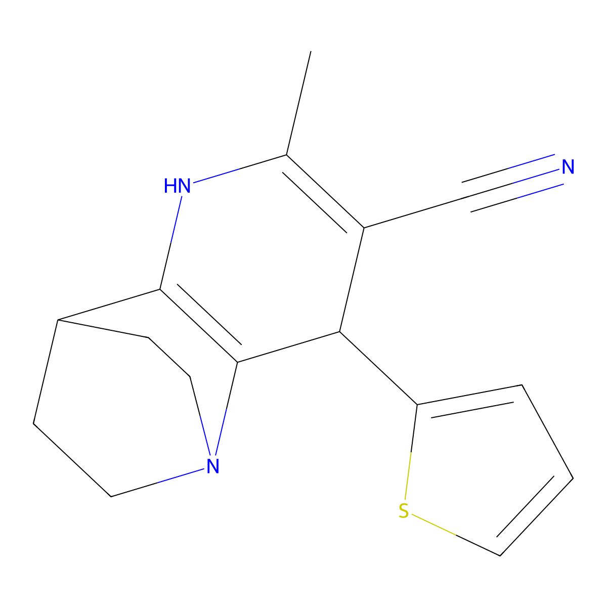 5-Methyl-3-(thiophen-2-yl)-1,6-diazatricyclo[6.2.2.0^{2,7}]dodeca-2(7),4-diene-4-carbonitrile molecular structure, CAS 860644-74-2