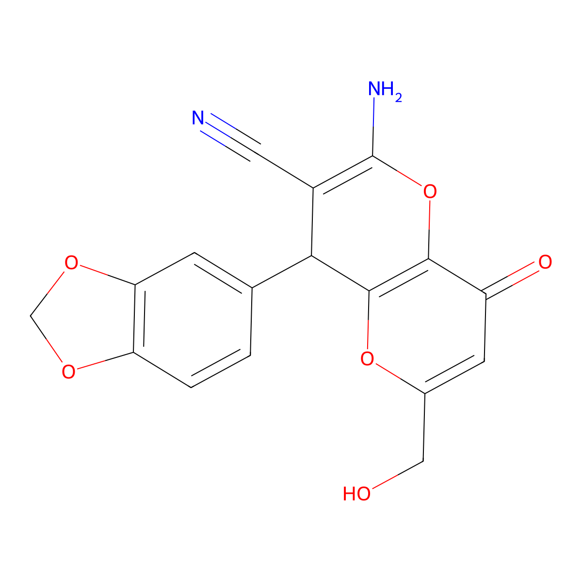 2-Amino-4-(1,3-benzodioxol-5-yl)-6-(hydroxymethyl)-8-oxo-4,8-dihydropyrano[3,2-b]pyran-3-carbonitrile molecular structure, CAS 860648-63-1