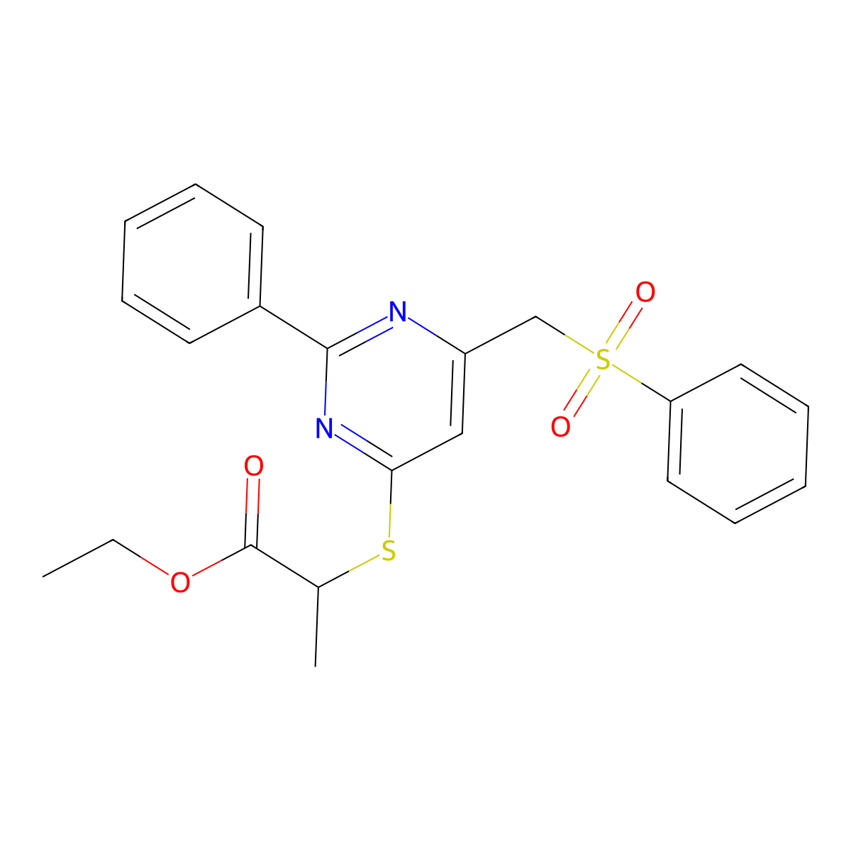 Ethyl 2-({2-phenyl-6-[(phenylsulfonyl)methyl]-4-pyrimidinyl}sulfanyl)propanoate molecular structure, CAS 860649-58-7