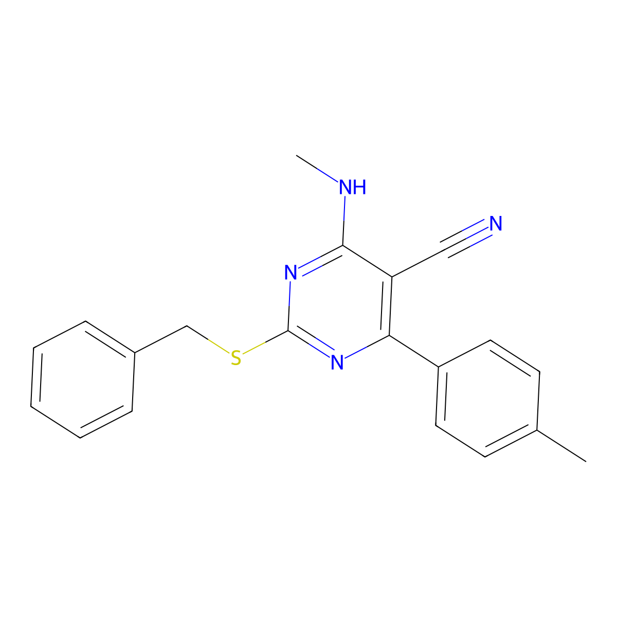 2-(Benzylsulfanyl)-4-(methylamino)-6-(4-methylphenyl)-5-pyrimidinecarbonitrile molecular structure, CAS 860649-64-5