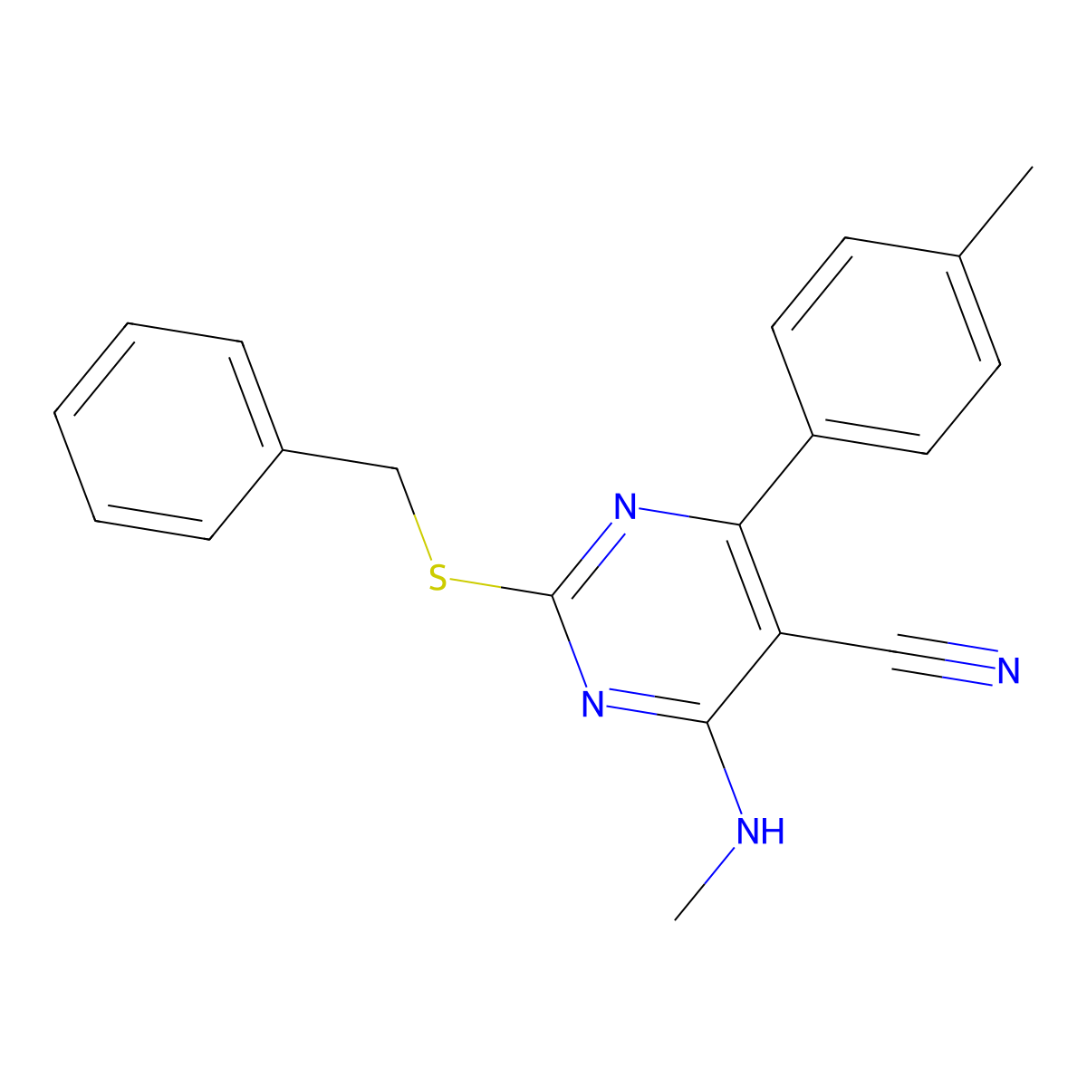 2-(Benzylsulfanyl)-4-(methylamino)-6-(4-methylphenyl)-5-pyrimidinecarbonitrile molecular structure, CAS 860649-64-5