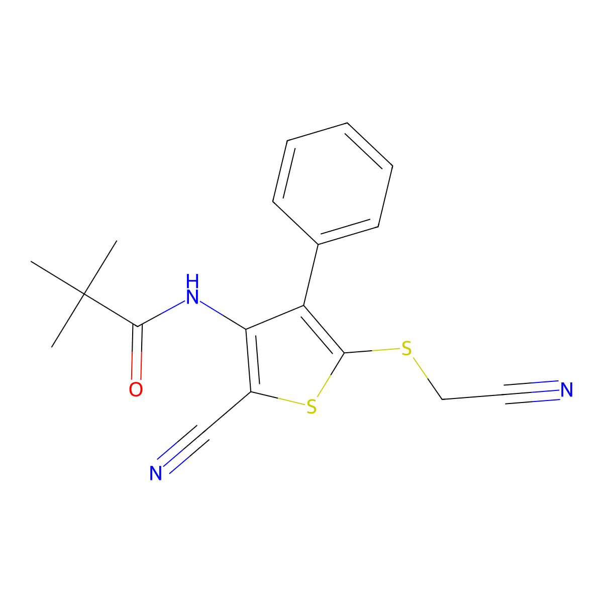 N-{2-cyano-5-[(cyanomethyl)sulfanyl]-4-phenyl-3-thienyl}-2,2-dimethylpropanamide molecular structure, CAS 860649-76-9