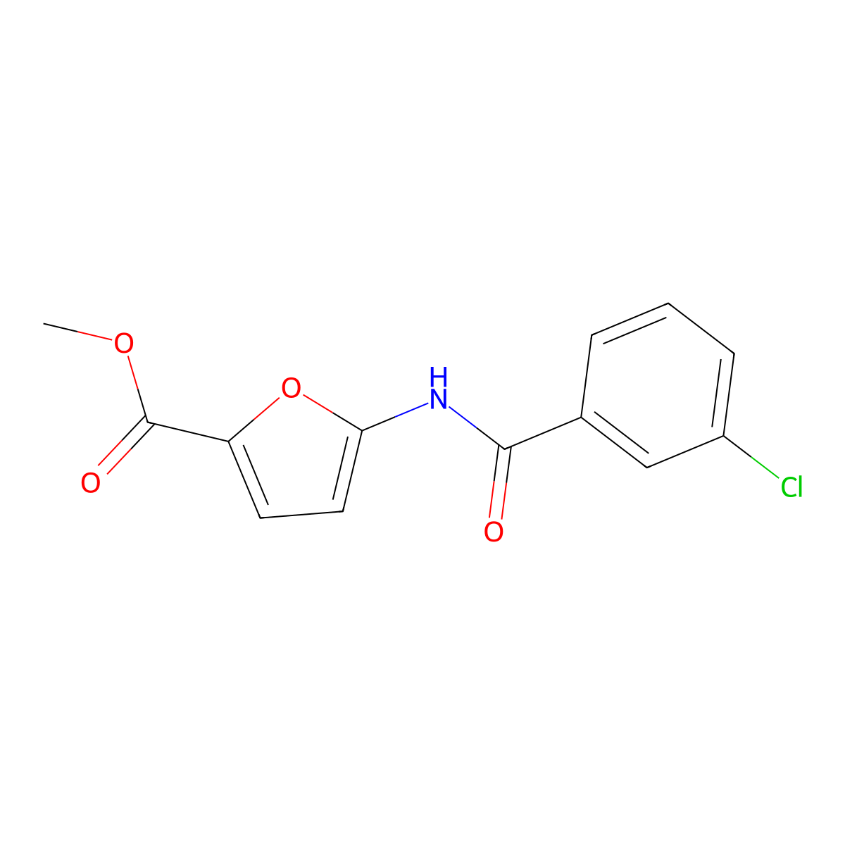 Methyl 5-[(3-chlorobenzoyl)amino]-2-furoate molecular structure, CAS 860649-77-0