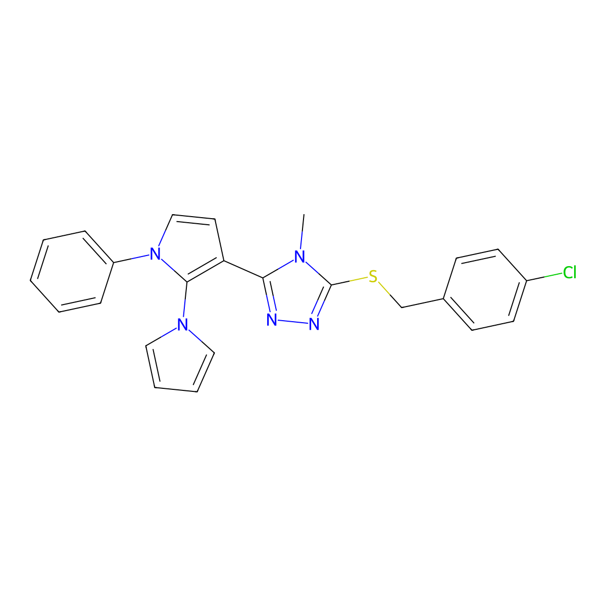 3-[(4-Chlorophenyl)methylsulfanyl]-4-methyl-5-(1-phenyl-2-pyrrol-1-ylpyrrol-3-yl)-1,2,4-triazole molecular structure, CAS 860649-78-1