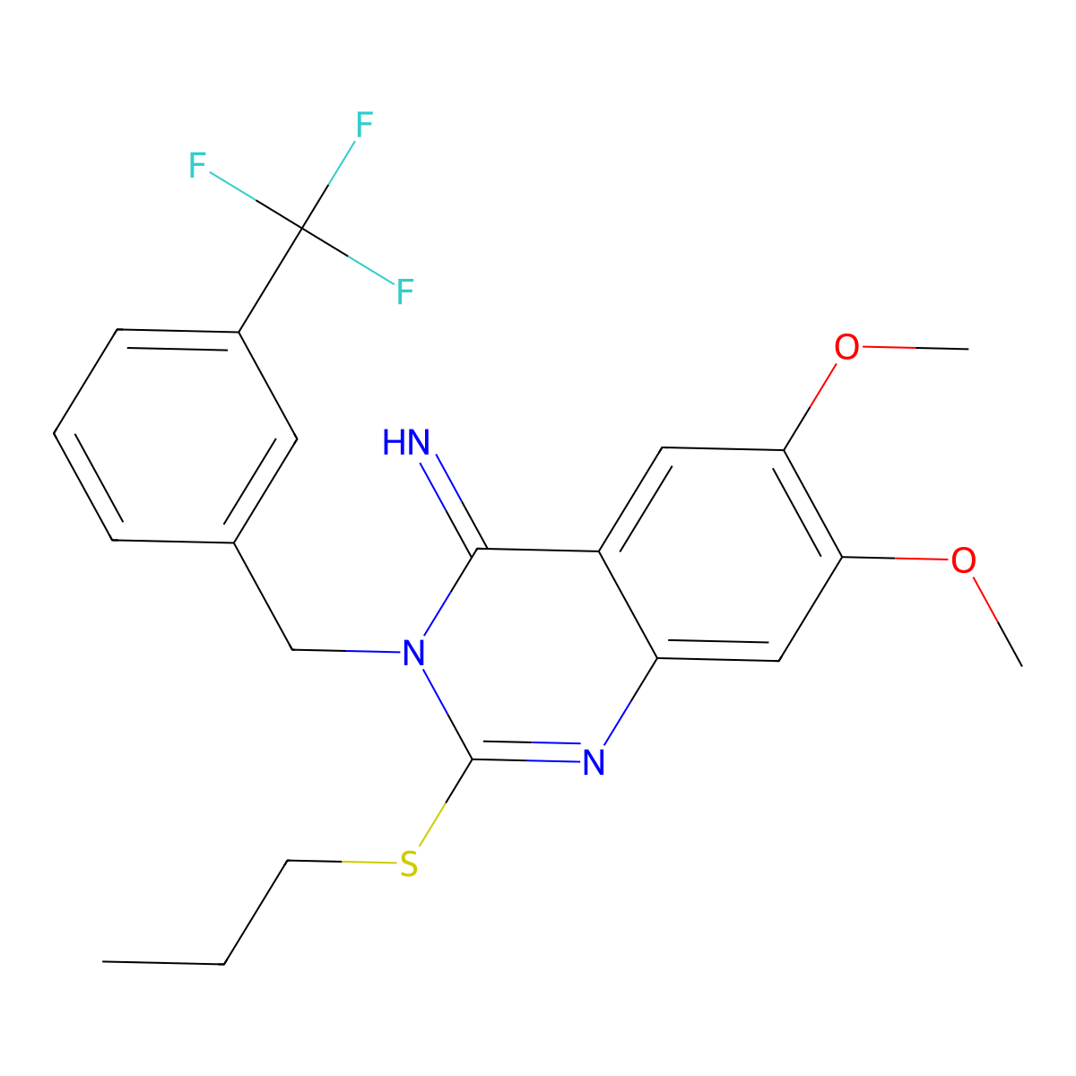 6,7-Dimethoxy-2-propylsulfanyl-3-[[3-(trifluoromethyl)phenyl]methyl]quinazolin-4-imine molecular structure, CAS 860650-02-8