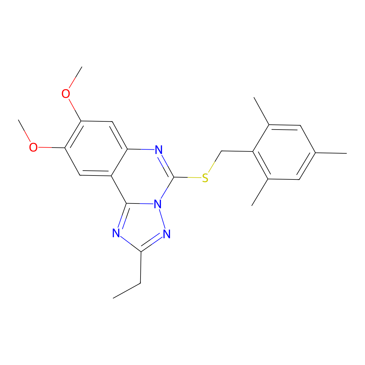 2-Ethyl-5-[(mesitylmethyl)sulfanyl]-8,9-dimethoxy[1,2,4]triazolo[1,5-c]quinazoline molecular structure, CAS 860650-33-5