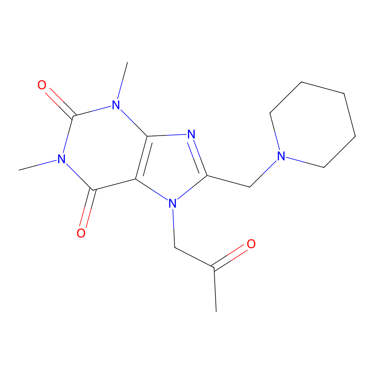 1,3-dimethyl-7-(2-oxopropyl)-8-(piperidin-1-ylmethyl)-1H-purine-2,6(3H,7H)-dione molecular structure, CAS 860710-40-3