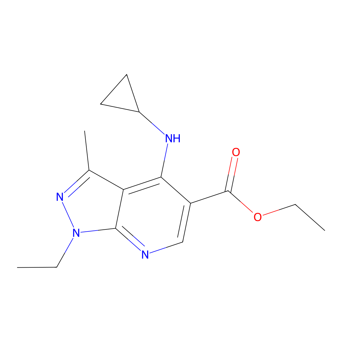 ethyl 4-(cyclopropylamino)-1-ethyl-3-methyl-1H-pyrazolo[3,4-b]pyridine-5-carboxylate molecular structure, CAS 860785-51-9