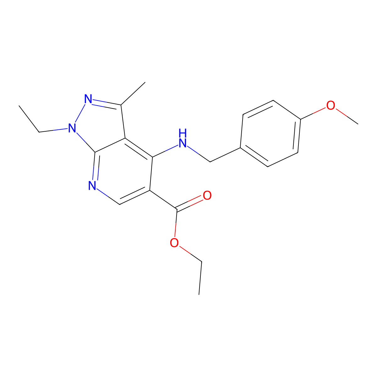 ethyl 1-ethyl-4-[(4-methoxybenzyl)amino]-3-methyl-1H-pyrazolo[3,4-b]pyridine-5-carboxylate molecular structure, CAS 860785-52-0
