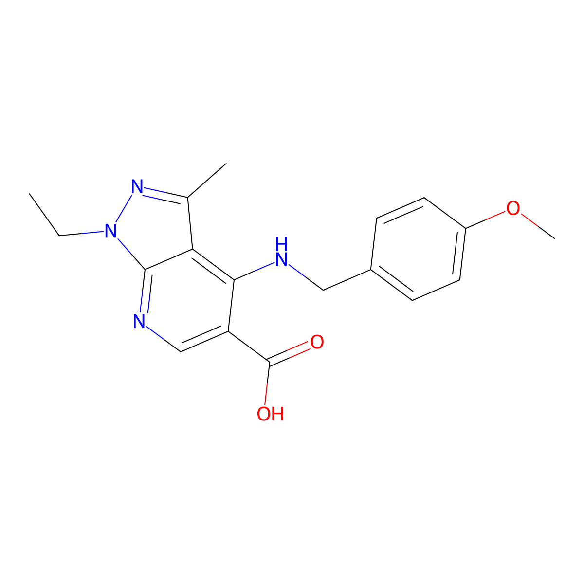 1-ethyl-4-[(4-methoxybenzyl)amino]-3-methyl-1H-pyrazolo[3,4-b]pyridine-5-carboxylic acid molecular structure, CAS 860785-53-1