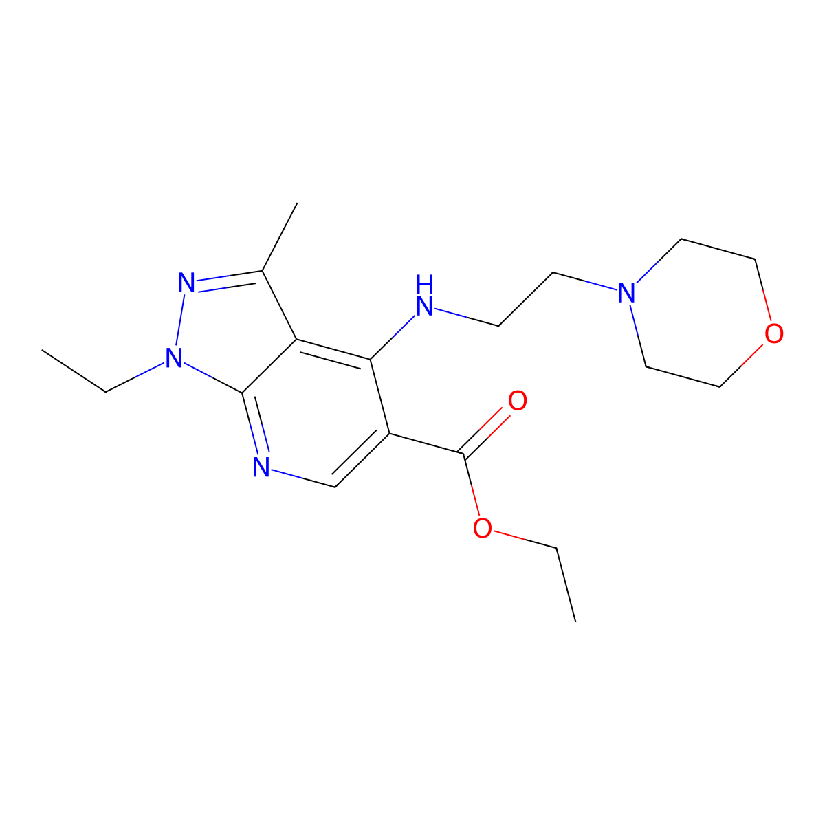 ethyl 1-ethyl-3-methyl-4-[(2-morpholinoethyl)amino]-1H-pyrazolo[3,4-b]pyridine-5-carboxylate molecular structure, CAS 860785-54-2