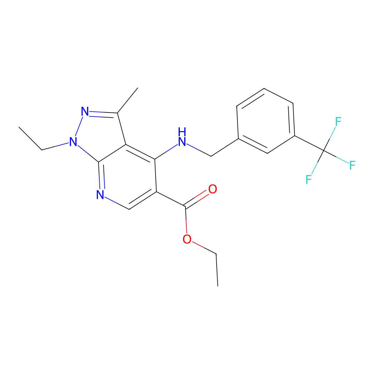 ethyl 1-ethyl-3-methyl-4-{[3-(trifluoromethyl)benzyl]amino}-1H-pyrazolo[3,4-b]pyridine-5-carboxylate molecular structure, CAS 860785-55-3