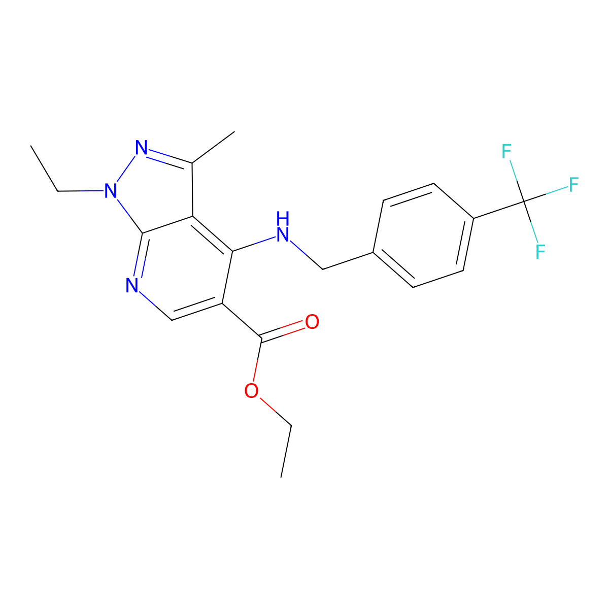 ethyl 1-ethyl-3-methyl-4-{[4-(trifluoromethyl)benzyl]amino}-1H-pyrazolo[3,4-b]pyridine-5-carboxylate molecular structure, CAS 860785-58-6