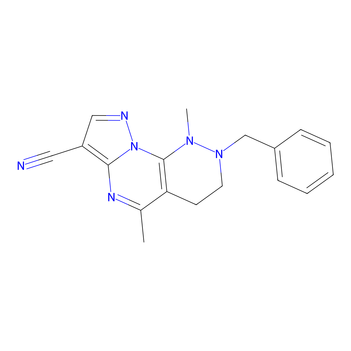 2-Benzyl-1,5-dimethyl-1,2,3,4-tetrahydropyrazolo[5',1':2,3]pyrimido[4,5-c]pyridazine-7-carbonitrile molecular structure, CAS 860786-29-4