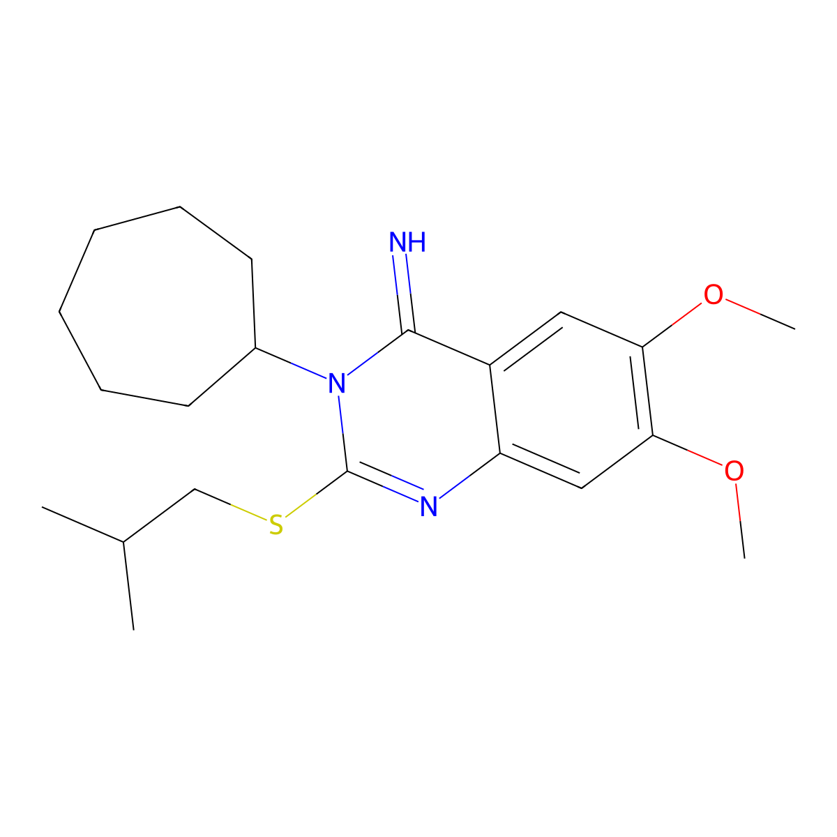 3-Cycloheptyl-6,7-dimethoxy-2-(2-methylpropylsulfanyl)quinazolin-4-imine molecular structure, CAS 860786-40-9