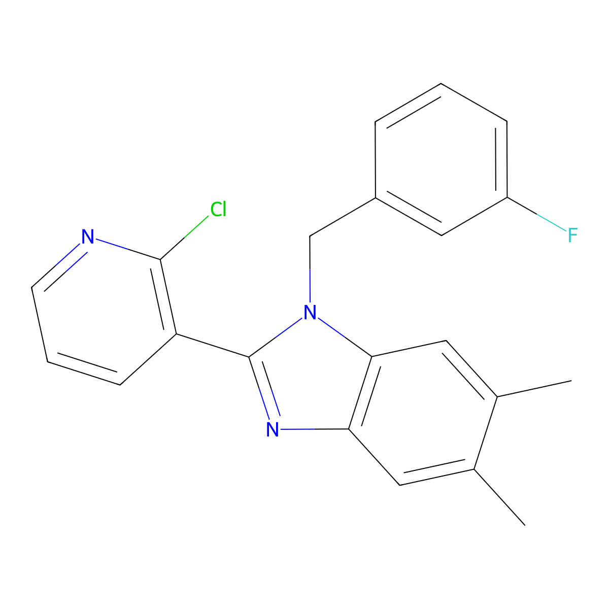 2-(2-chloro-3-pyridinyl)-1-(3-fluorobenzyl)-5,6-dimethyl-1H-1,3-benzimidazole molecular structure, CAS 860787-69-5