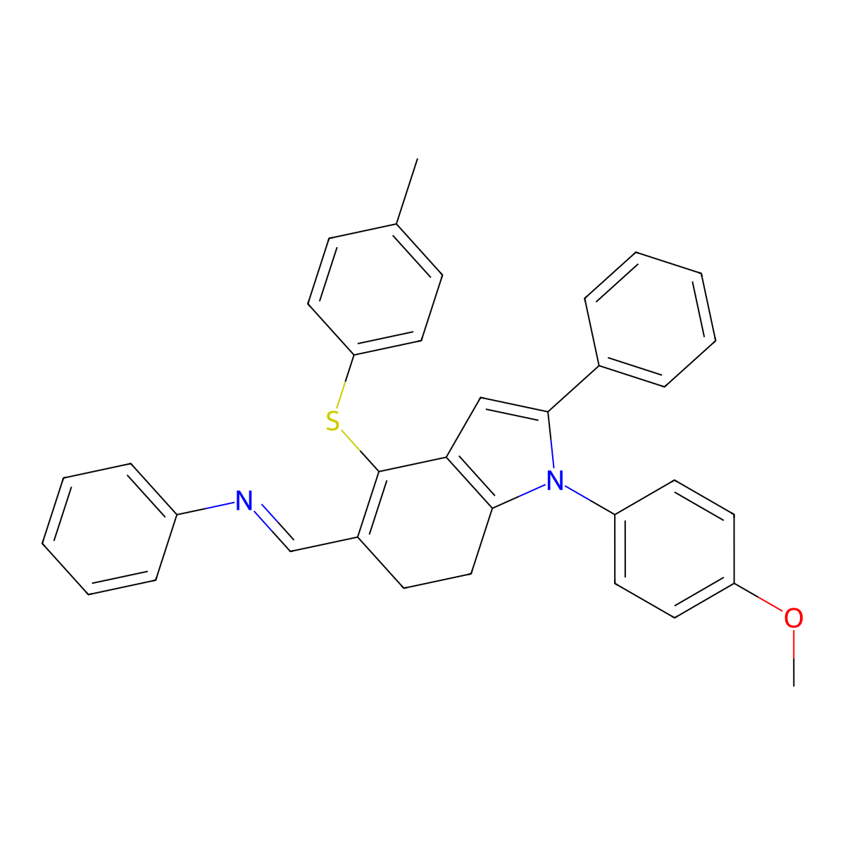 N-((E)-{1-(4-methoxyphenyl)-4-[(4-methylphenyl)sulfanyl]-2-phenyl-6,7-dihydro-1H-indol-5-yl}methylidene)aniline molecular structure, CAS 860788-14-3