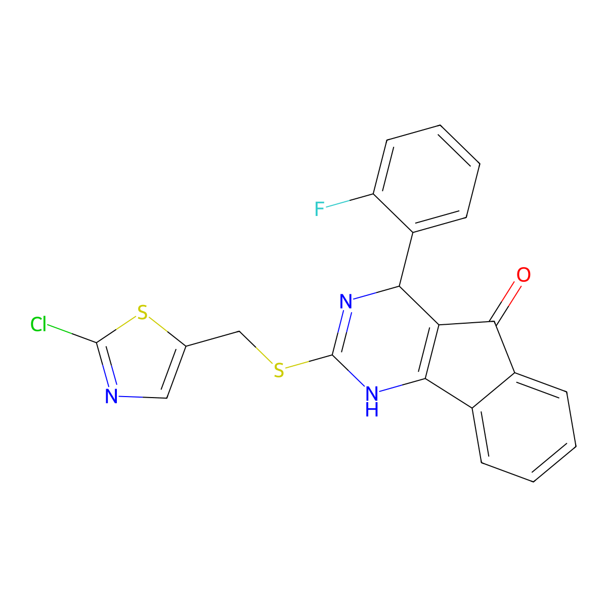 2-[(2-Chloro-1,3-thiazol-5-yl)methylsulfanyl]-4-(2-fluorophenyl)-1,4-dihydroindeno[1,2-d]pyrimidin-5-one molecular structure, CAS 860788-34-7