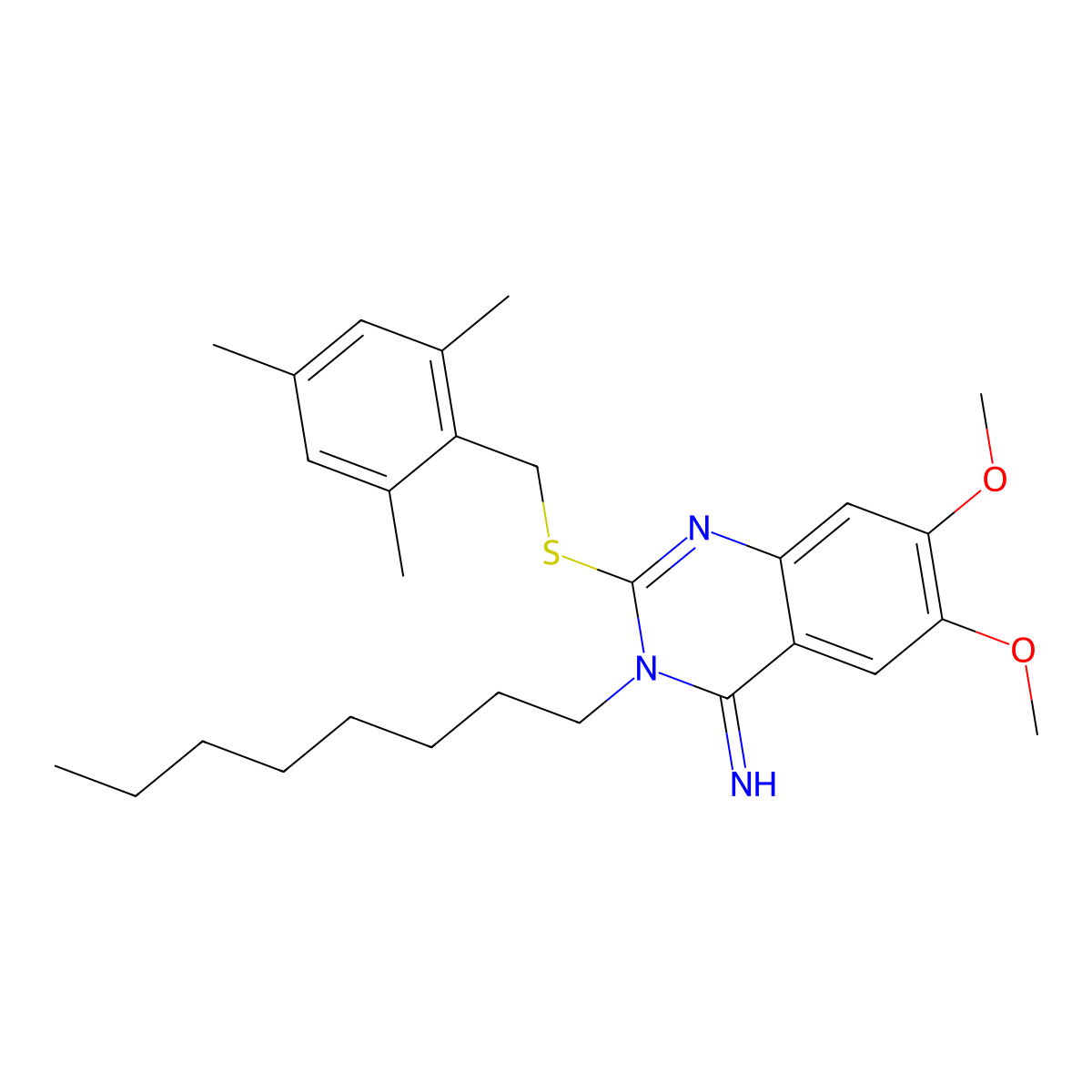 2-[(mesitylmethyl)sulfanyl]-6,7-dimethoxy-3-octyl-4(3H)-quinazolinimine molecular structure, CAS 860789-49-7