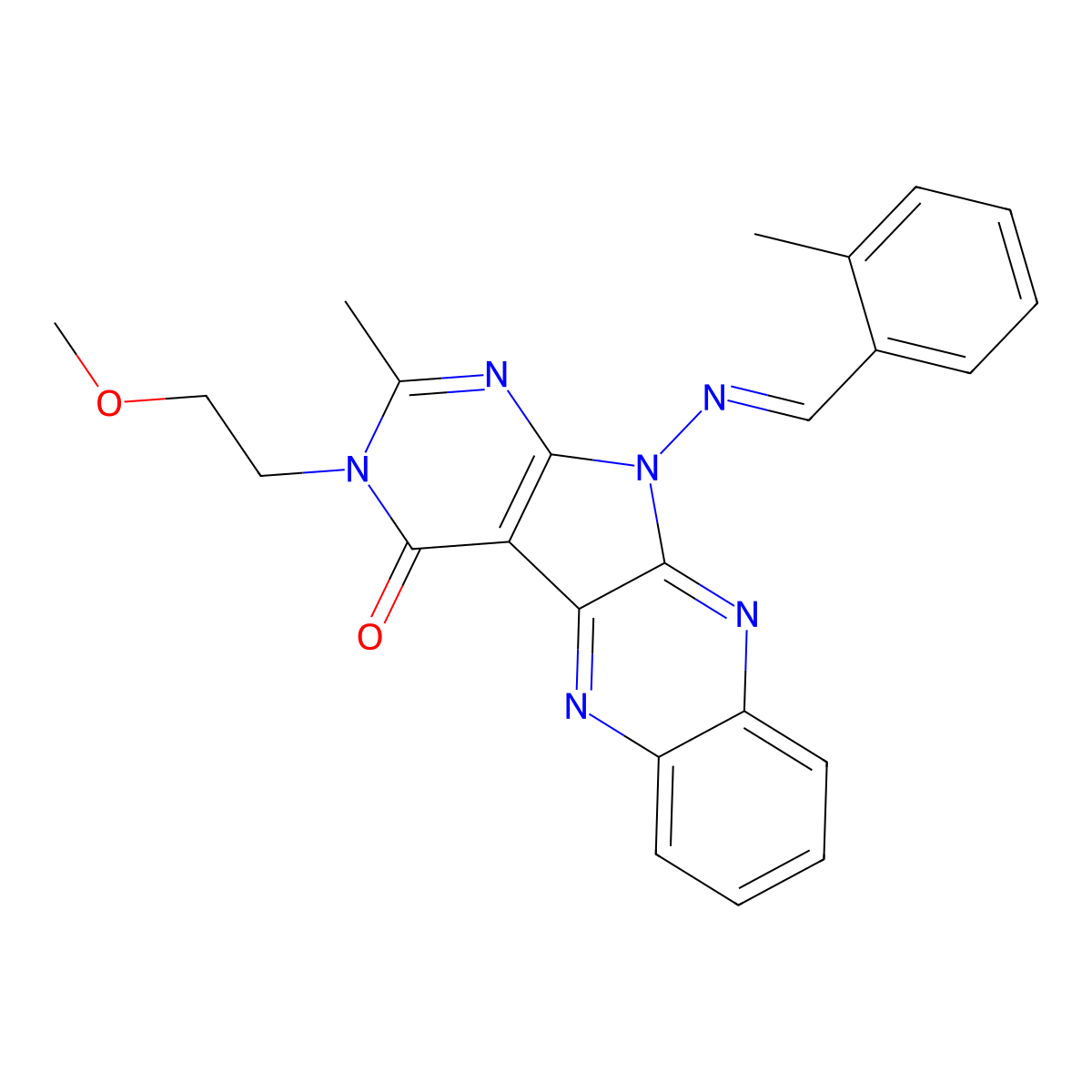 13-(2-Methoxyethyl)-14-methyl-17-[(2-methylphenyl)methylideneamino]-2,9,13,15,17-pentazatetracyclo[8.7.0.03,8.011,16]heptadeca-1,3,5,7,9,11(16),14-heptaen-12-one molecular structure, CAS 860792-69-4