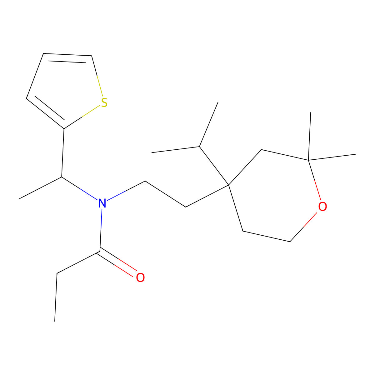 N-[2-(2,2-dimethyl-4-propan-2-yloxan-4-yl)ethyl]-N-(1-thiophen-2-ylethyl)propanamide molecular structure, CAS 861111-03-7