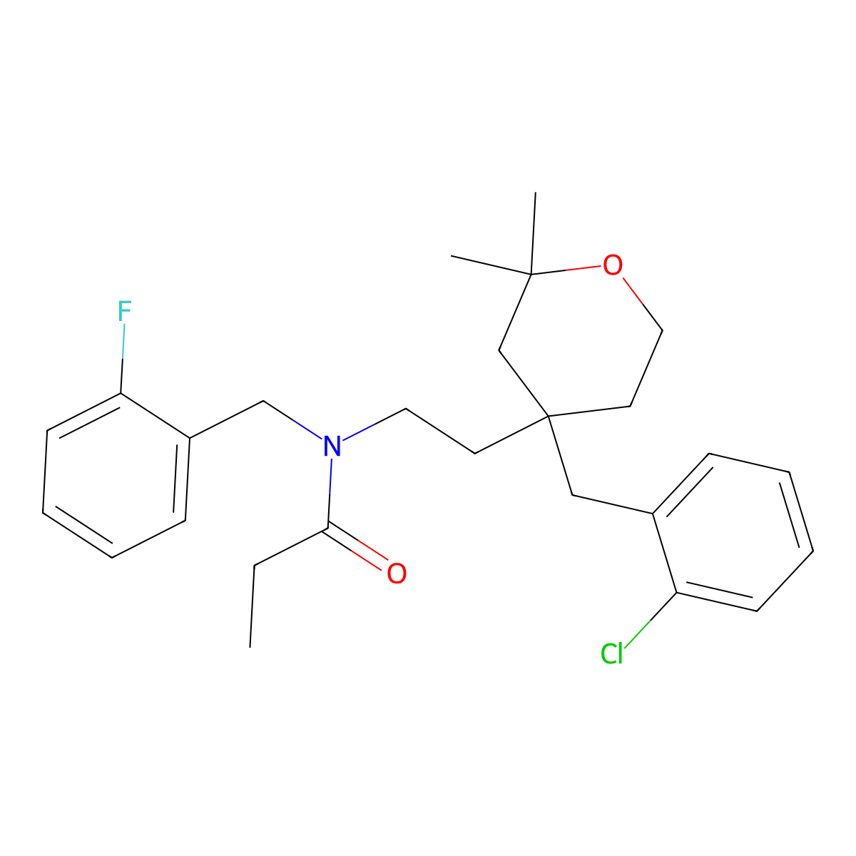 N-(2-(4-((2-Chlorophenyl)methyl)tetrahydro-2,2-dimethyl-2H-pyran-4-yl)ethyl)-N-((2-fluorophenyl)methyl)propanamide molecular structure, CAS 861115-44-8
