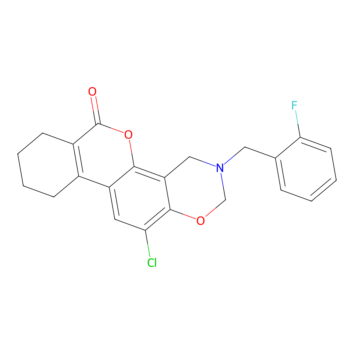 12-chloro-3-(2-fluorobenzyl)-3,4,7,8,9,10-hexahydro-2H,6H-benzo[3,4]chromeno[8,7-e][1,3]oxazin-6-one molecular structure, CAS 861117-47-7