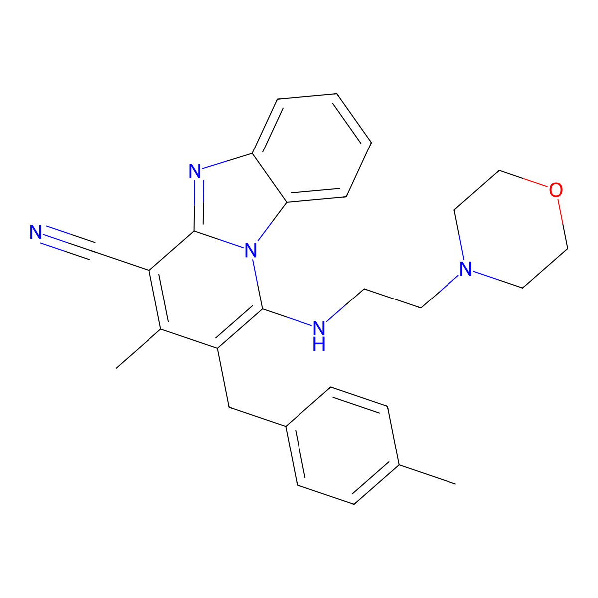 3-Methyl-2-[(4-methylphenyl)methyl]-1-(2-morpholin-4-ylethylamino)pyrido[1,2-a]benzimidazole-4-carbonitrile molecular structure, CAS 861123-09-3