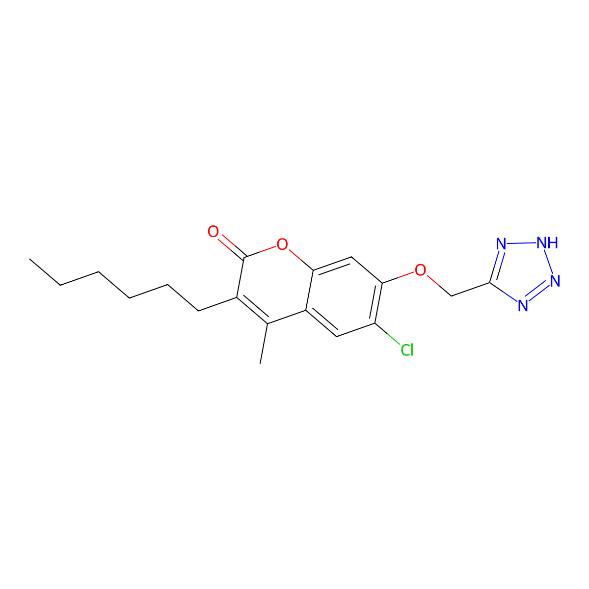 6-chloro-3-hexyl-4-methyl-7-(1H-tetrazol-5-ylmethoxy)-2H-chromen-2-one molecular structure, CAS 861147-34-4