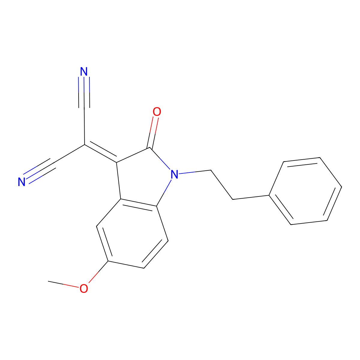 2-(5-Methoxy-2-oxo-1-phenethyl-1,2-dihydro-indol-3-ylidene)-malononitrile molecular structure, CAS 861147-88-8