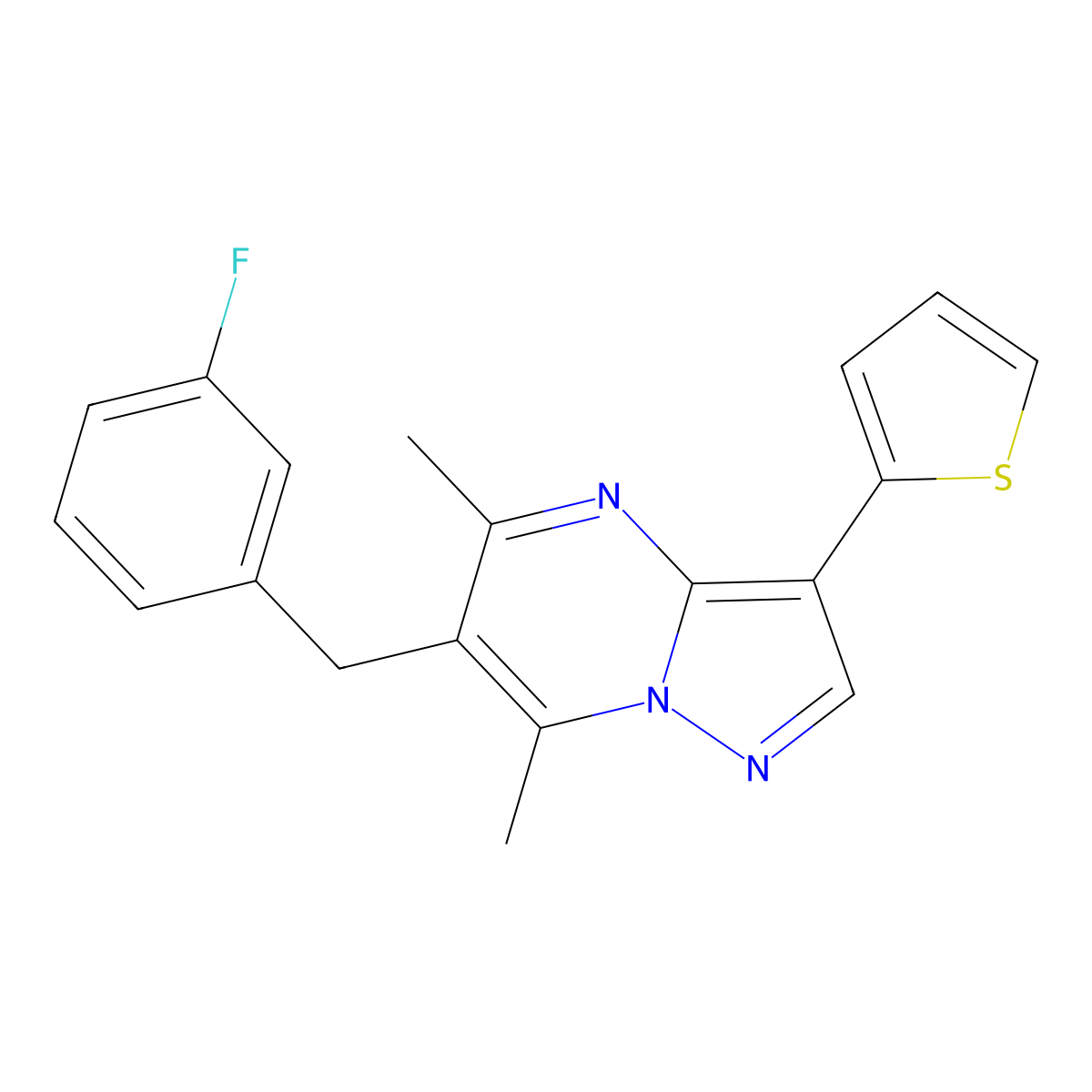 6-(3-Fluorobenzyl)-5,7-dimethyl-3-(2-thienyl)pyrazolo[1,5-a]pyrimidine molecular structure, CAS 861206-51-1