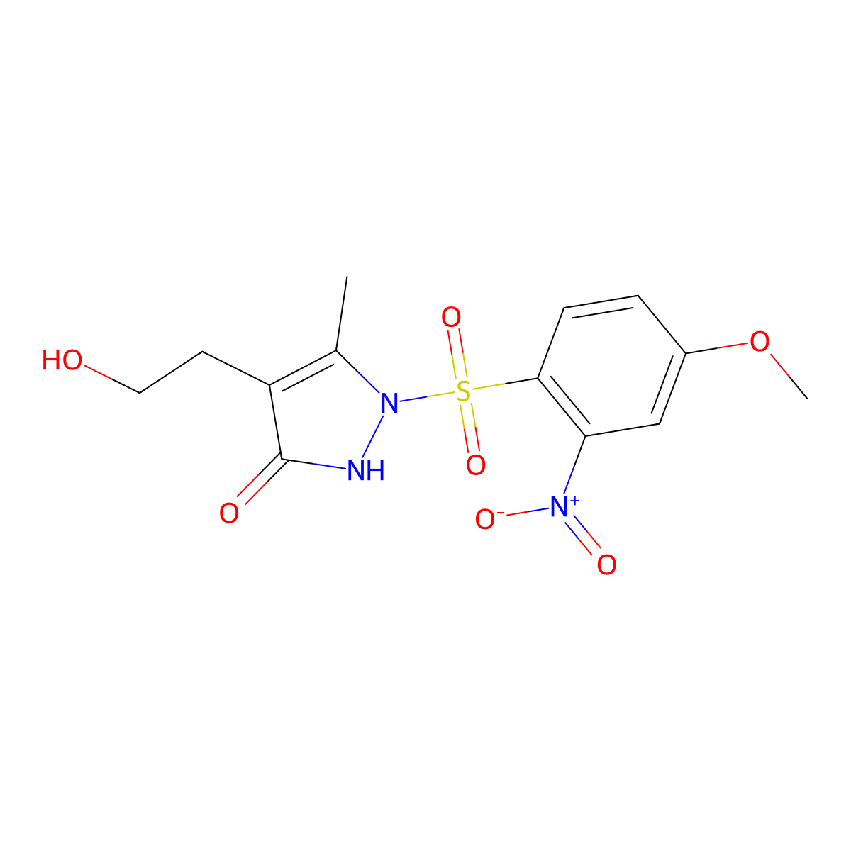 4-(2-hydroxyethyl)-1-[(4-methoxy-2-nitrophenyl)sulfonyl]-5-methyl-1,2-dihydro-3H-pyrazol-3-one molecular structure, CAS 861207-36-5