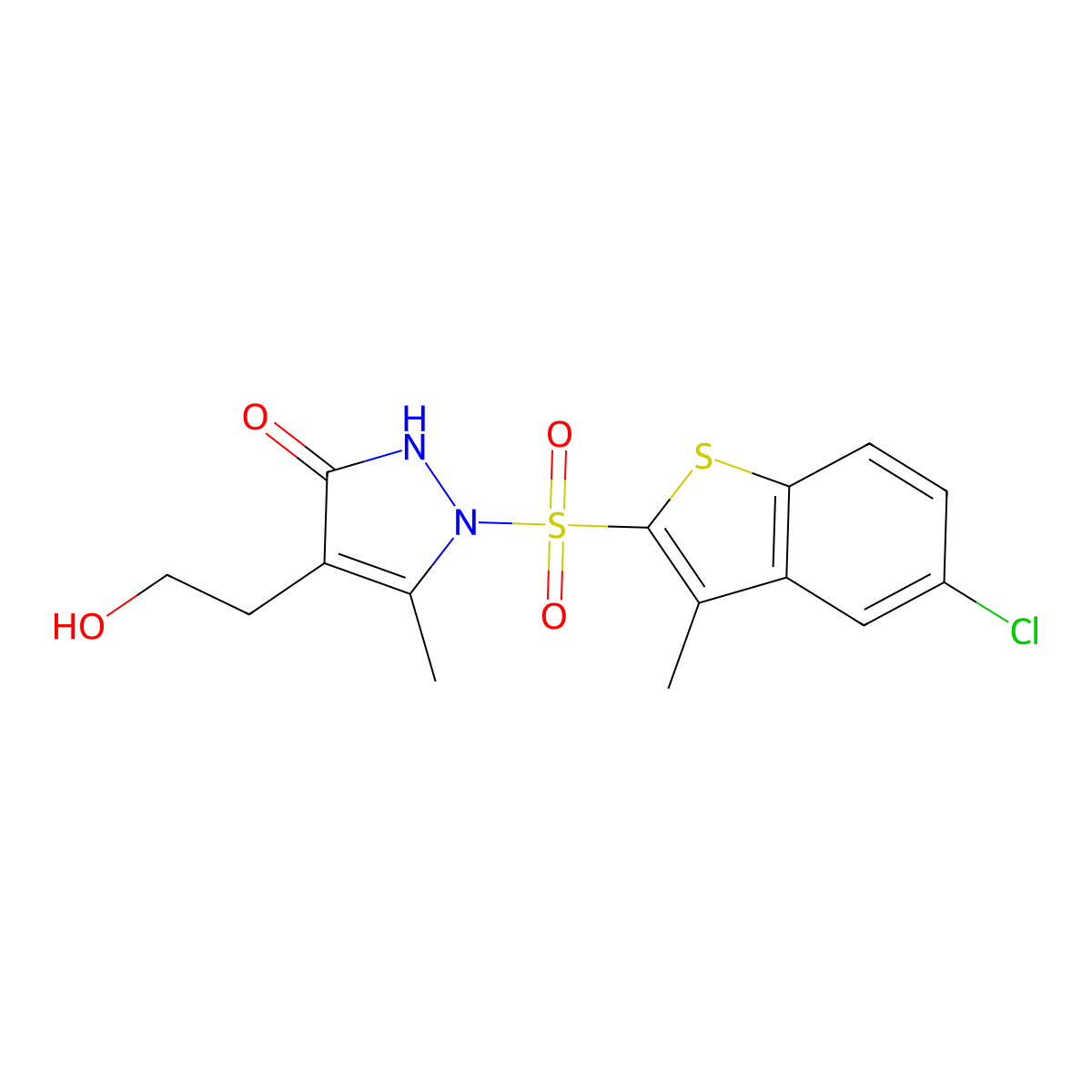 1-[(5-chloro-3-methyl-1-benzothiophen-2-yl)sulfonyl]-4-(2-hydroxyethyl)-5-methyl-1,2-dihydro-3H-pyrazol-3-one molecular structure, CAS 861207-40-1