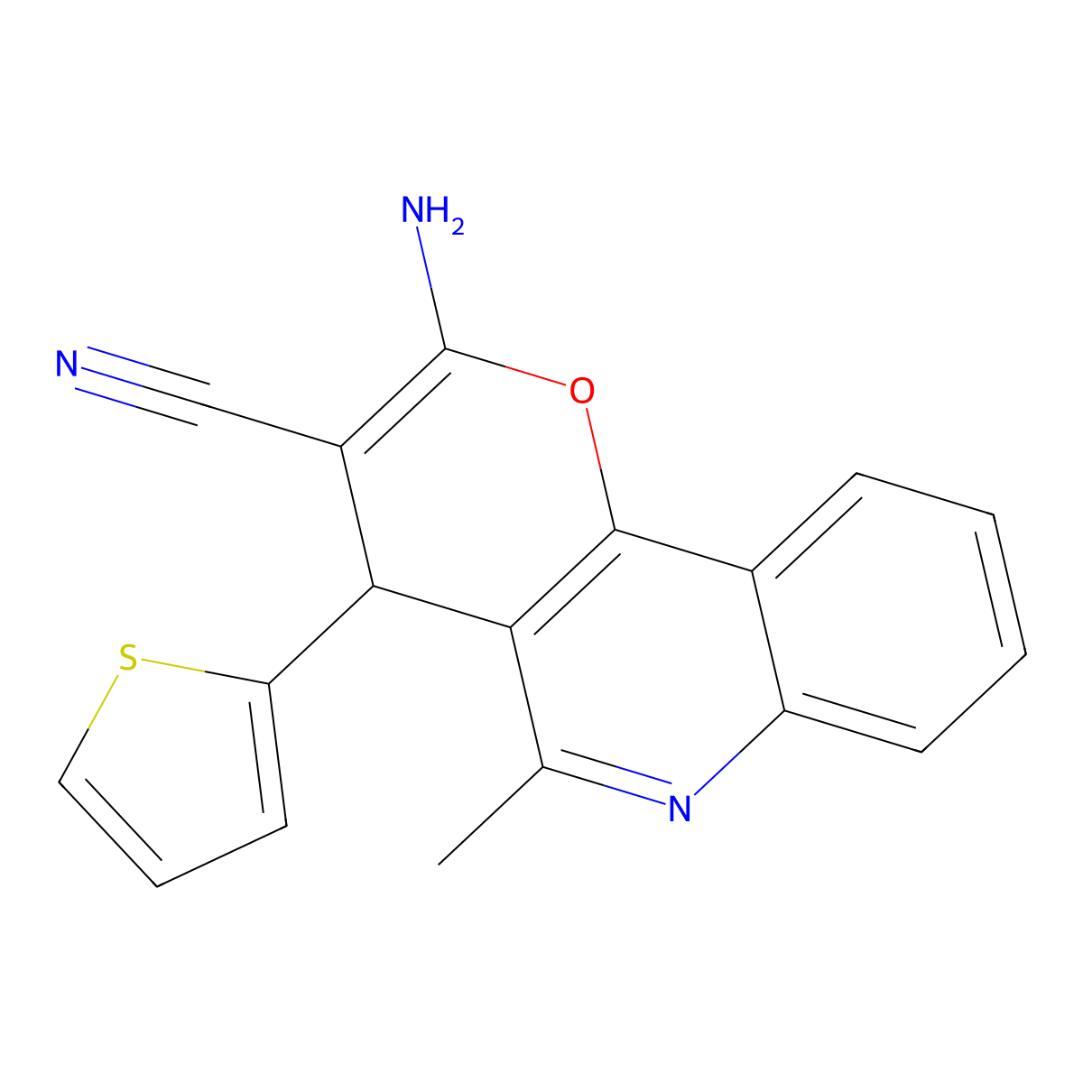 2-amino-5-methyl-4-(2-thienyl)-4H-pyrano[3,2-c]quinoline-3-carbonitrile molecular structure, CAS 861208-28-8