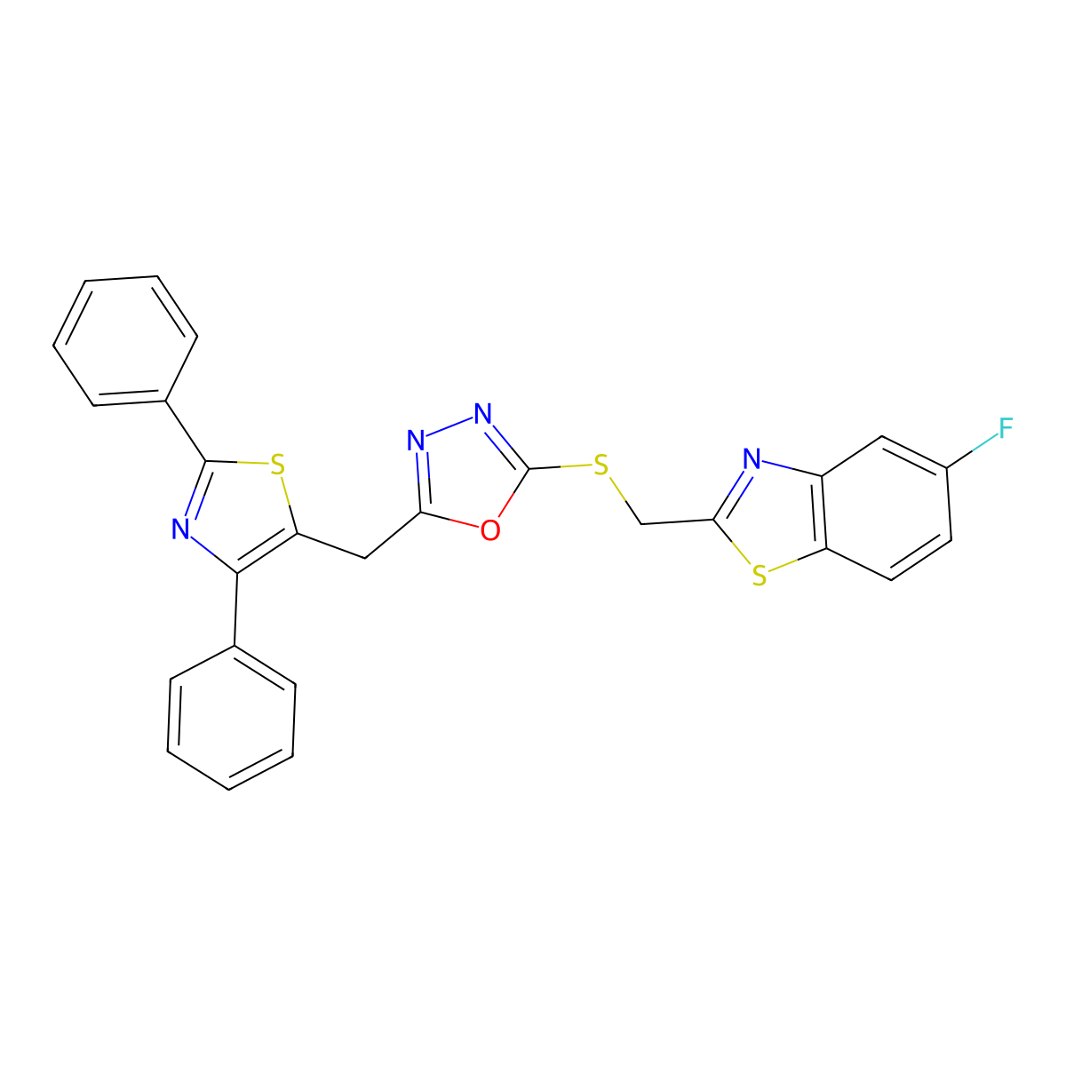 2-[({5-[(2,4-Diphenyl-1,3-thiazol-5-yl)methyl]-1,3,4-oxadiazol-2-yl}sulfanyl)methyl]-5-fluoro-1,3-benzothiazole molecular structure, CAS 861208-69-7
