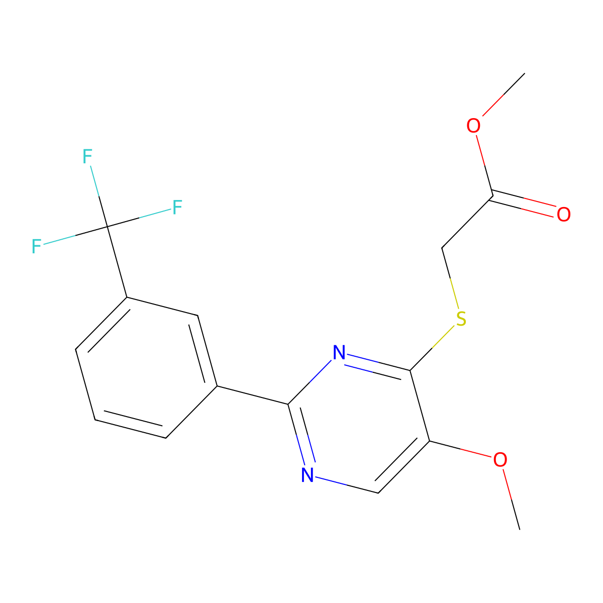 Methyl 2-({5-methoxy-2-[3-(trifluoromethyl)phenyl]-4-pyrimidinyl}sulfanyl)acetate molecular structure, CAS 861209-10-1