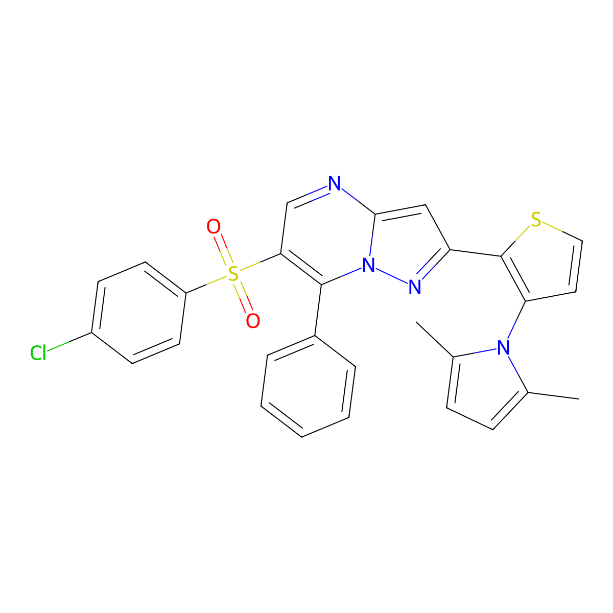 4-chlorophenyl 2-[3-(2,5-dimethyl-1H-pyrrol-1-yl)-2-thienyl]-7-phenylpyrazolo[1,5-a]pyrimidin-6-yl sulfone molecular structure, CAS 861209-15-6