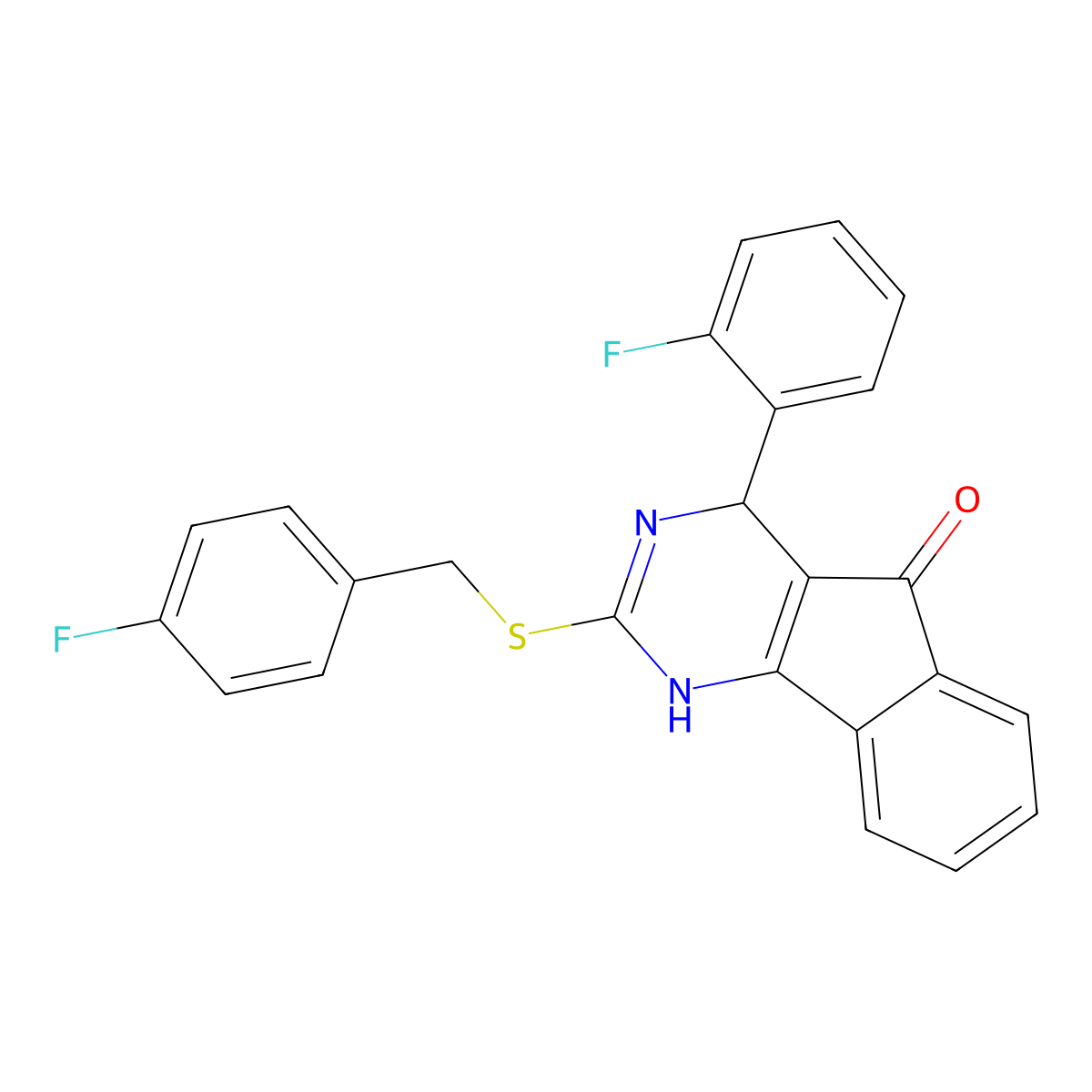 2-[(4-fluorobenzyl)sulfanyl]-4-(2-fluorophenyl)-1,4-dihydro-5H-indeno[1,2-d]pyrimidin-5-one molecular structure, CAS 861209-27-0
