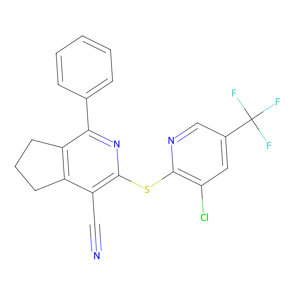 3-{[3-chloro-5-(trifluoromethyl)-2-pyridinyl]sulfanyl}-1-phenyl-6,7-dihydro-5H-cyclopenta[c]pyridine-4-carbonitrile molecular structure, CAS 861209-33-8