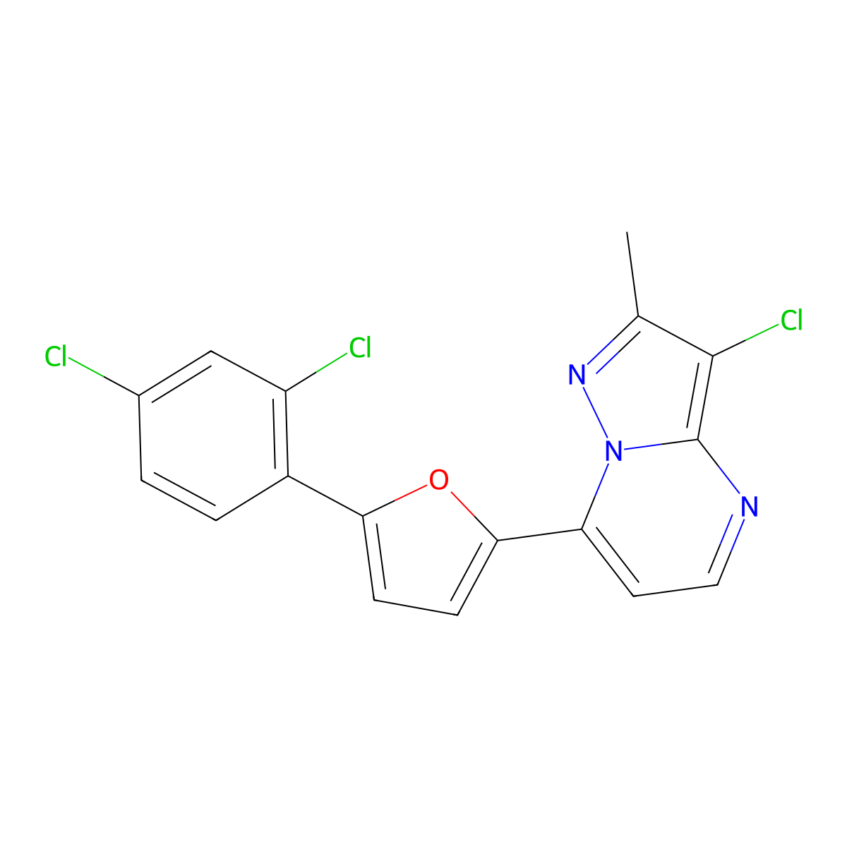 3-Chloro-7-[5-(2,4-dichlorophenyl)furan-2-yl]-2-methylpyrazolo[1,5-a]pyrimidine molecular structure, CAS 861209-75-8