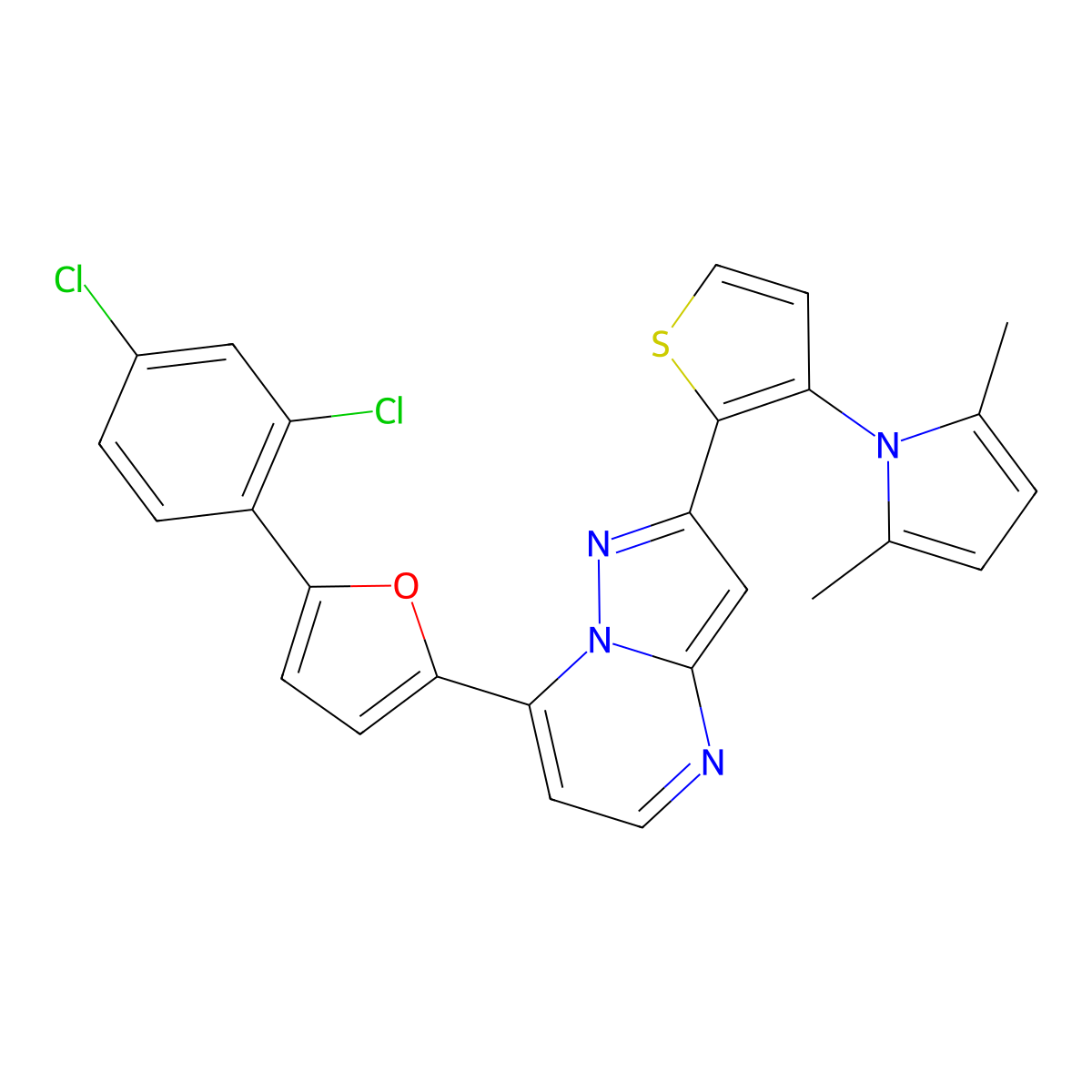 7-[5-(2,4-dichlorophenyl)-2-furyl]-2-[3-(2,5-dimethyl-1H-pyrrol-1-yl)-2-thienyl]pyrazolo[1,5-a]pyrimidine molecular structure, CAS 861209-76-9