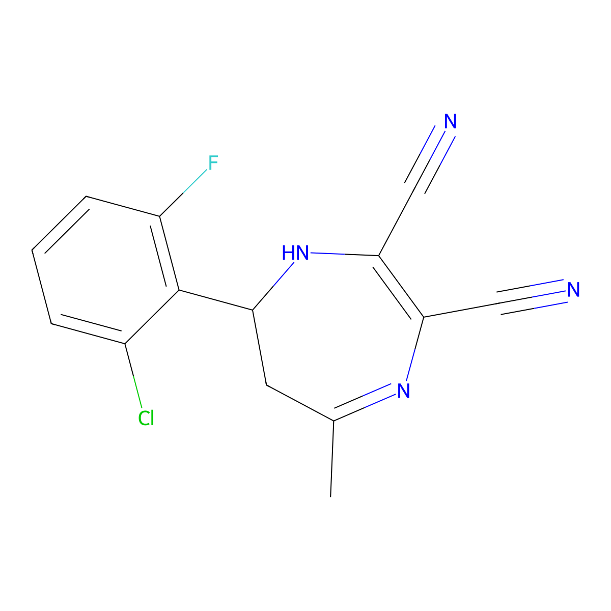 7-(2-chloro-6-fluorophenyl)-5-methyl-6,7-dihydro-1H-1,4-diazepine-2,3-dicarbonitrile molecular structure, CAS 861209-94-1