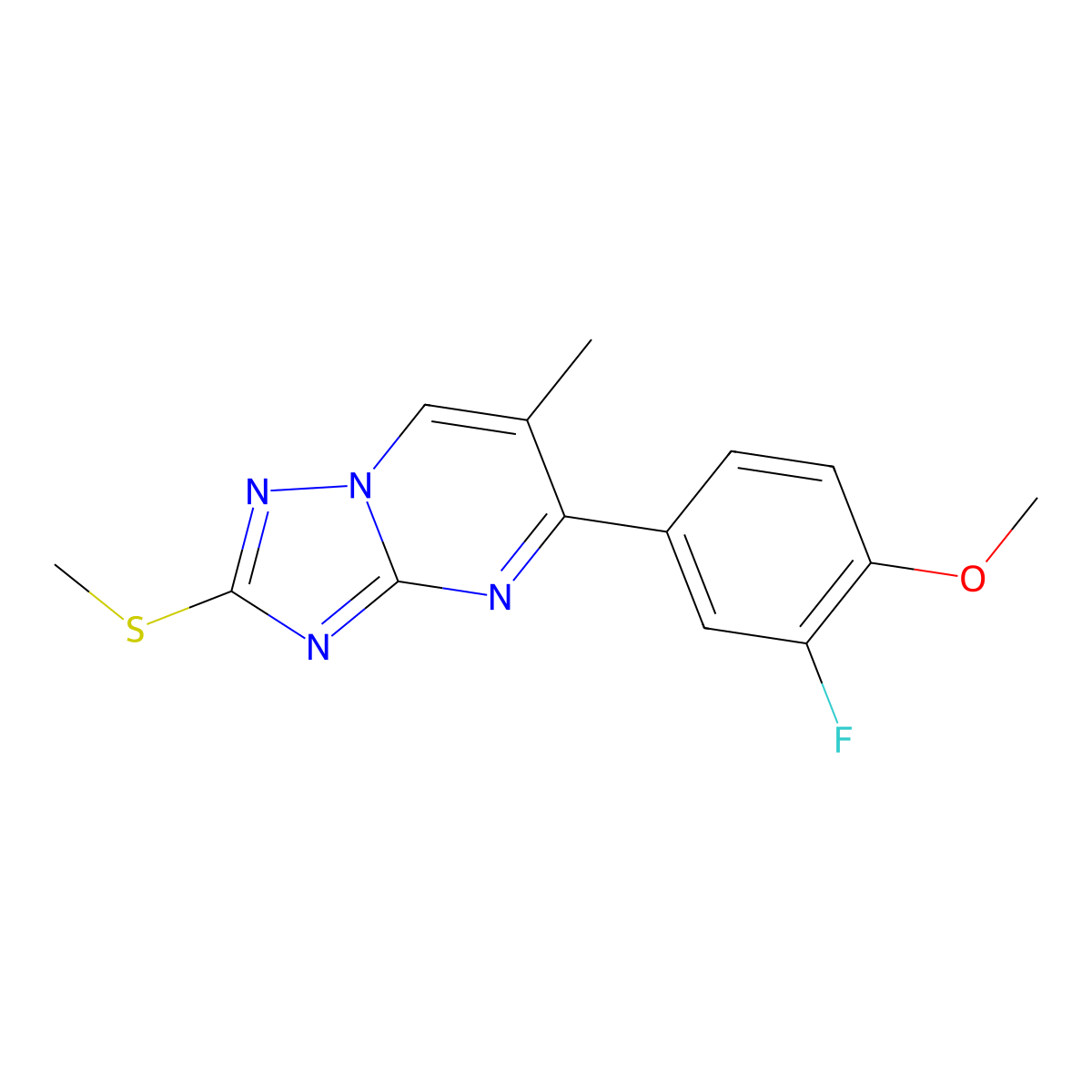 2-Fluoro-4-[6-methyl-2-(methylsulfanyl)[1,2,4]triazolo[1,5-a]pyrimidin-5-yl]phenyl methyl ether molecular structure, CAS 861210-14-2
