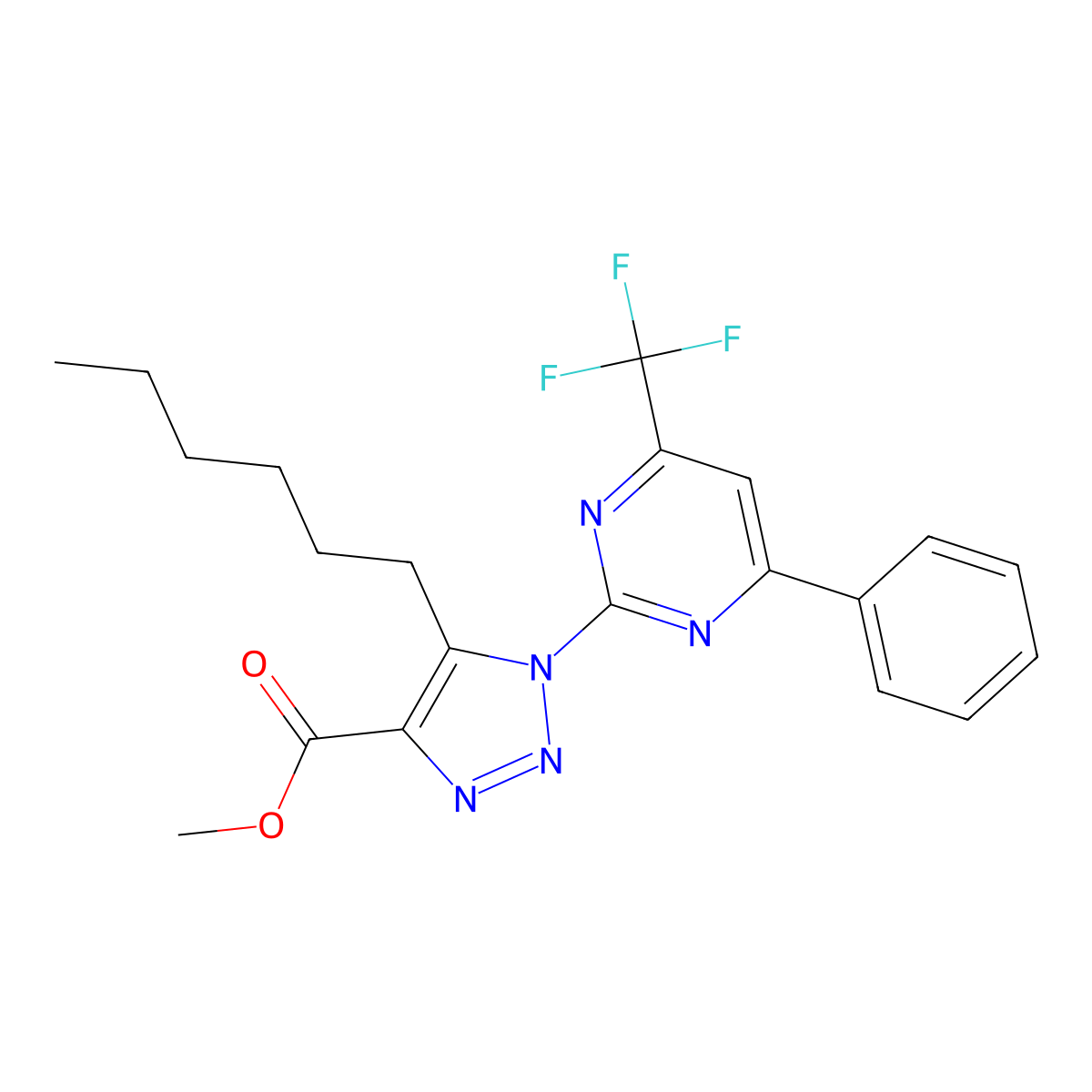 Methyl 5-hexyl-1-[4-phenyl-6-(trifluoromethyl)pyrimidin-2-yl]triazole-4-carboxylate molecular structure, CAS 861210-45-9