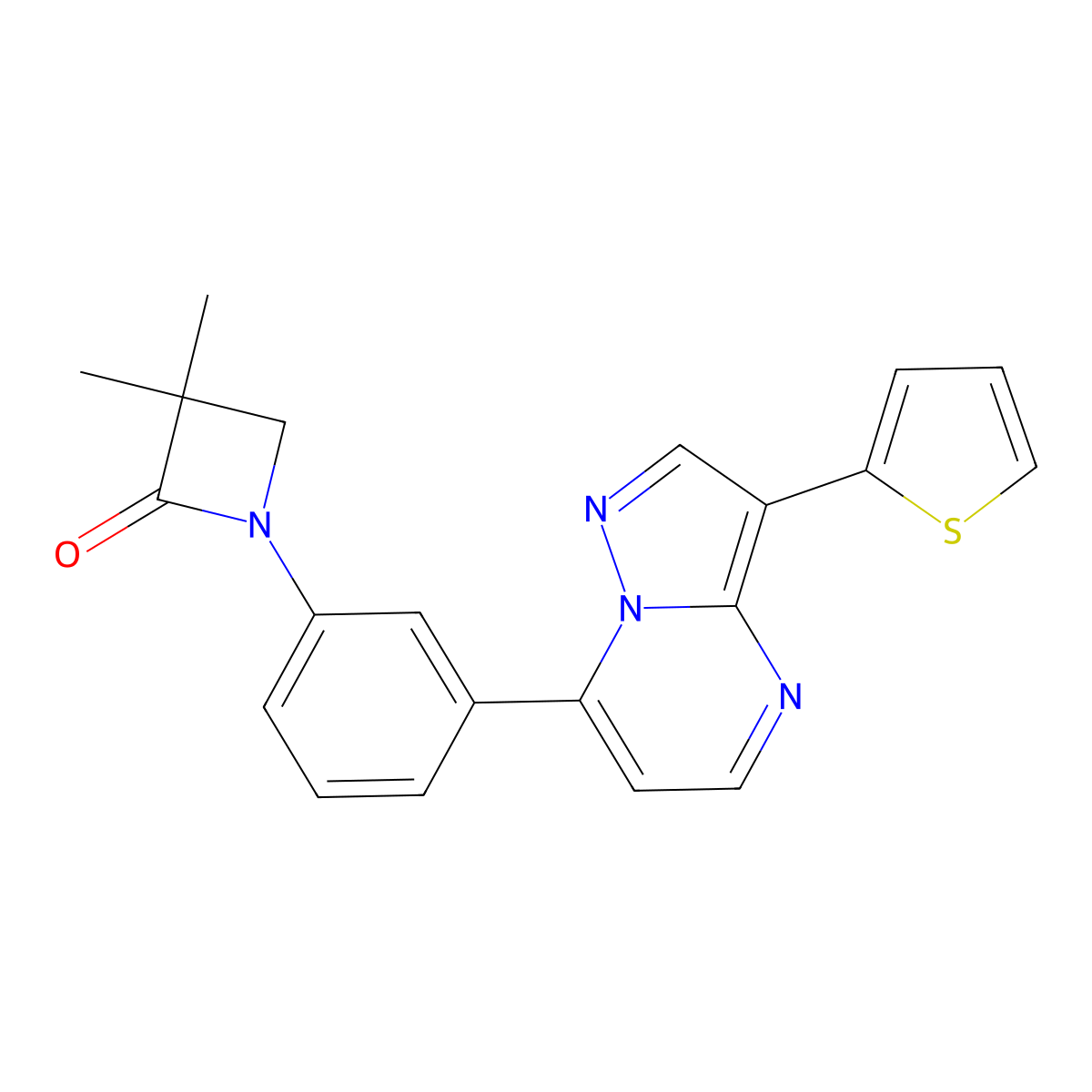3,3-Dimethyl-1-(3-[3-(2-thienyl)pyrazolo[1,5-A]pyrimidin-7-YL]phenyl)-2-azetanone molecular structure, CAS 861210-48-2