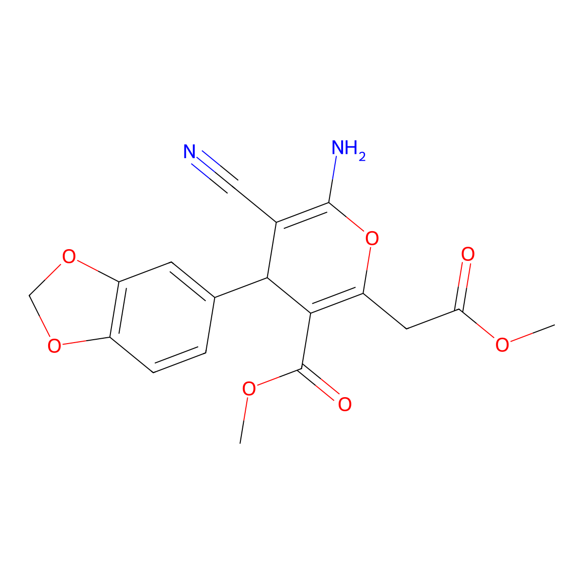 methyl 6-amino-4-(1,3-benzodioxol-5-yl)-5-cyano-2-(2-methoxy-2-oxoethyl)-4H-pyran-3-carboxylate molecular structure, CAS 861211-20-3