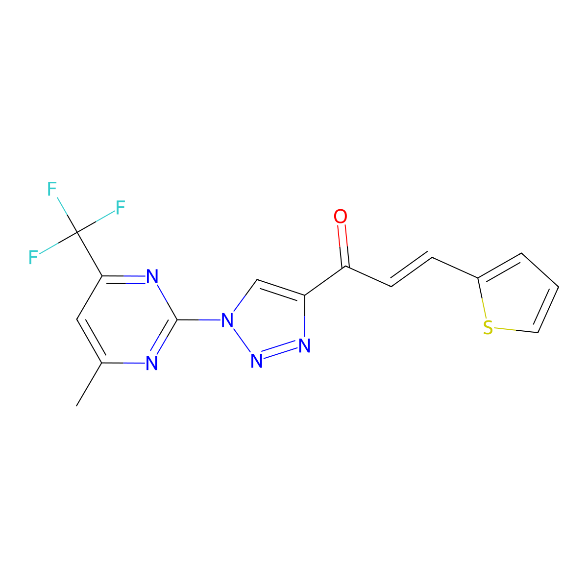 (2E)-1-{1-[4-methyl-6-(trifluoromethyl)pyrimidin-2-yl]-1H-1,2,3-triazol-4-yl}-3-(thiophen-2-yl)prop-2-en-1-one molecular structure, CAS 861211-63-4